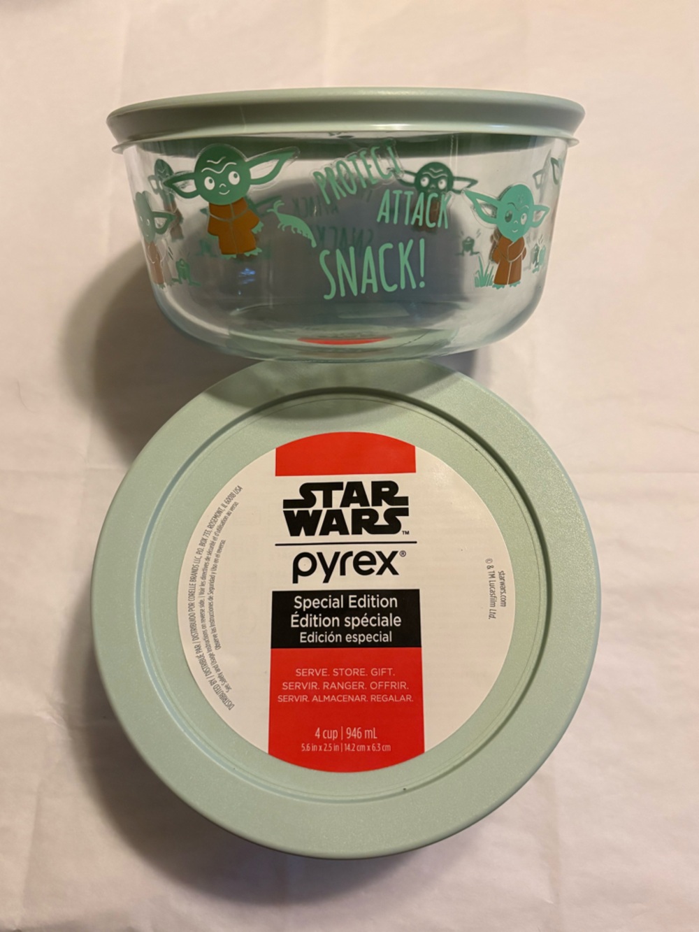 Set of 2 Pyrex Mint Green Disney Star Wars Mandalorian Grogu Storage Bowls 4 Cup